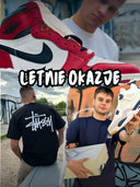 Baner letniej promocji sneakersów Nike Air Jordan i koszulek Stussy, młodzi mężczyźni prezentujący obuwie na tle graffiti