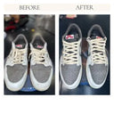Porównanie przed i po czyszczeniu szarych sneakersów Nike — widoczny efekt odświeżenia cholewki, jaśniejsza podeszwa i nowe sznurówki